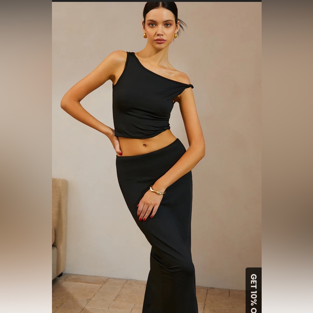Asymmetrical Neck Ruched Top & Split Maxi Skirt Set - New with Tags